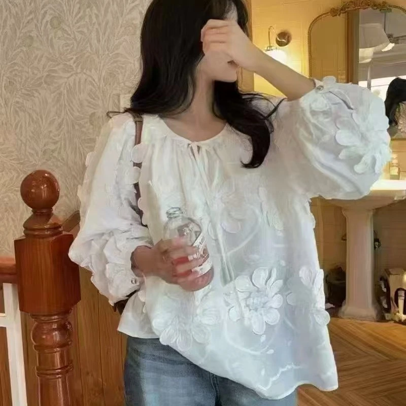 MISS RUILI 定制 春夏百搭宽松甜美立体花朵系带休闲衬衫F0334