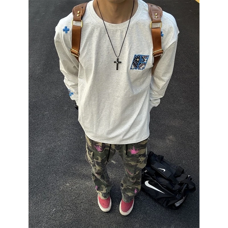 白灰色字母刺绣长袖t恤男款秋季美式潮牌情侣上衣大码休闲打底衫