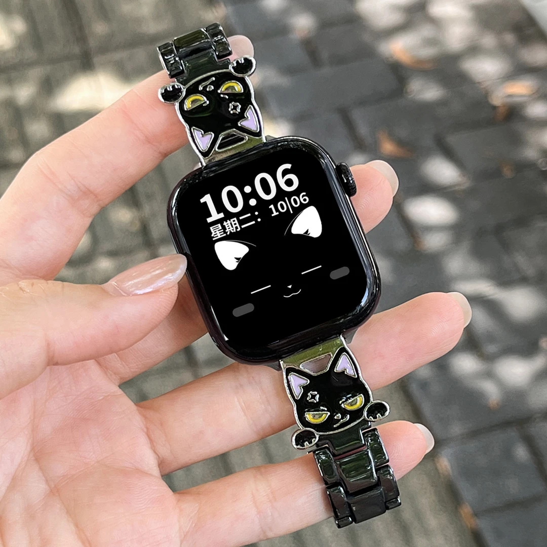 陶瓷邪恶小猫表带适用iwatchs11手表S10applewatch苹果手表9配件8