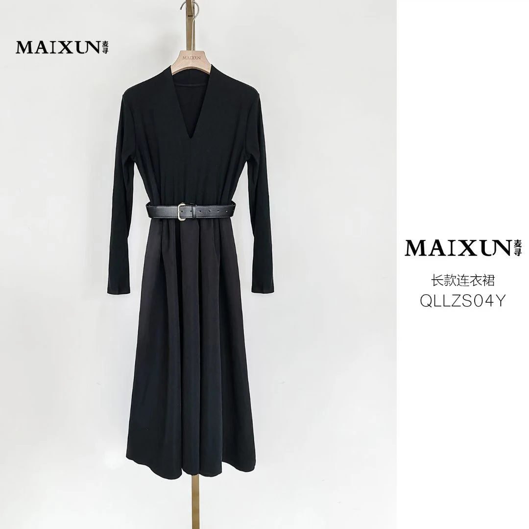 赫本风轻奢气质黑色长袖收腰V领拼接配腰带秋季时尚长裙