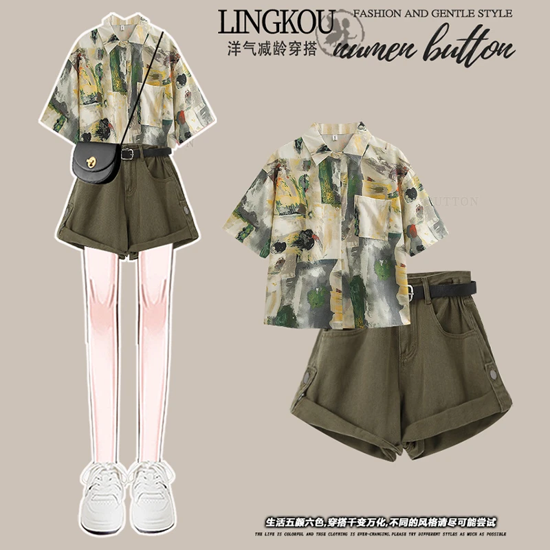 时尚炸街套装小个子夏季新款polo领复古短袖衬衫搭配洋气牛仔短裤