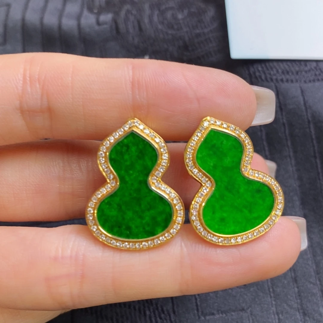 翡翠18K金镶嵌耳饰辣色葫芦耳钉
