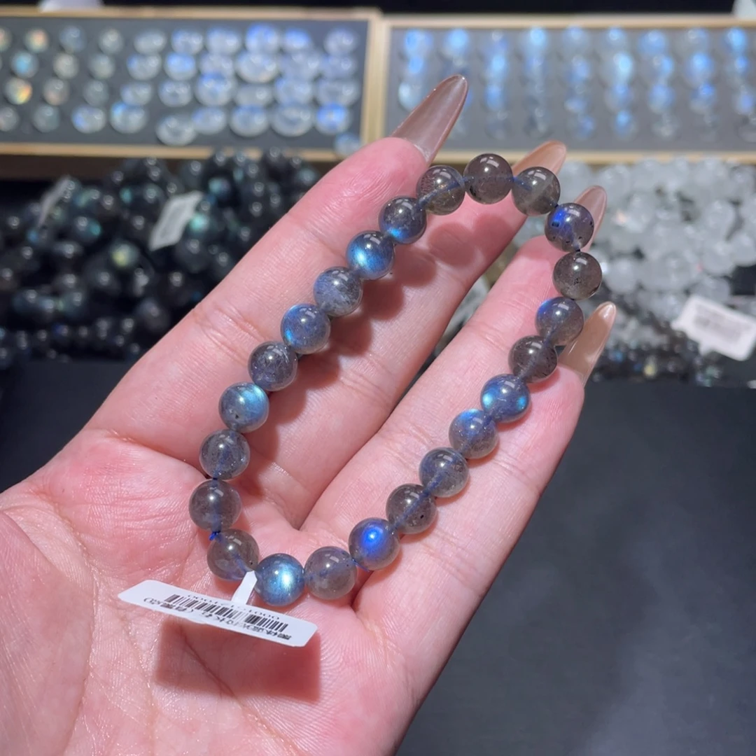 宿***衩未镶嵌手链长石马岛黑体蓝光拉长石手链8.4mm