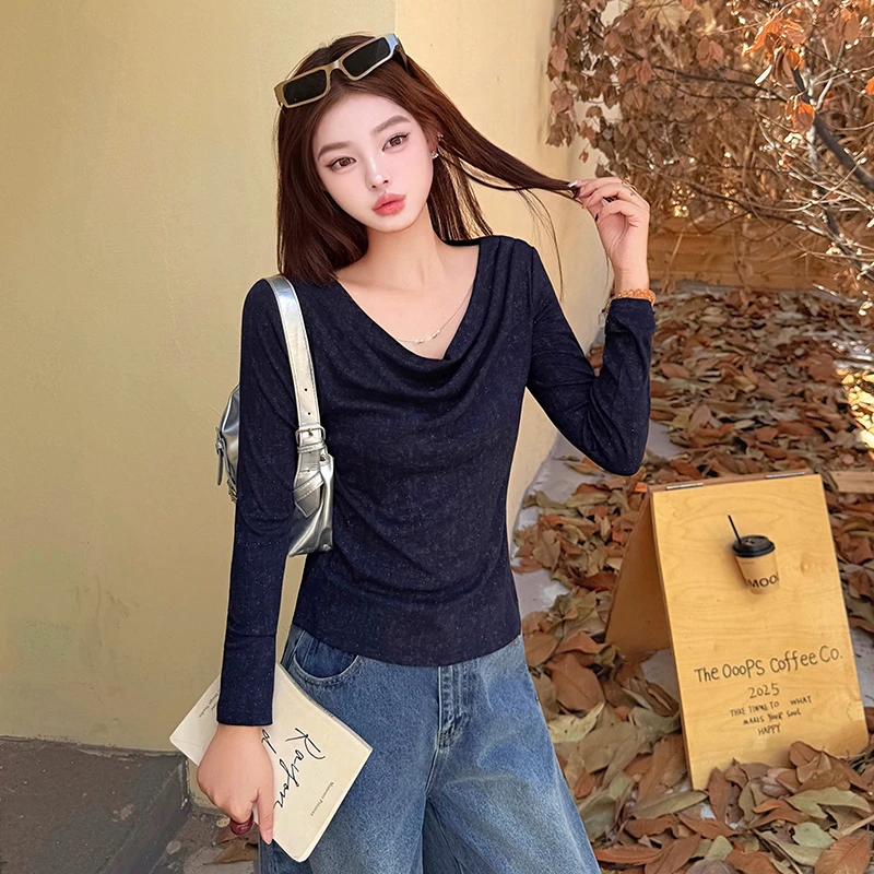 极简风褶皱长袖T恤女2025秋季新款宽松显瘦百搭洋气打底衫上衣潮