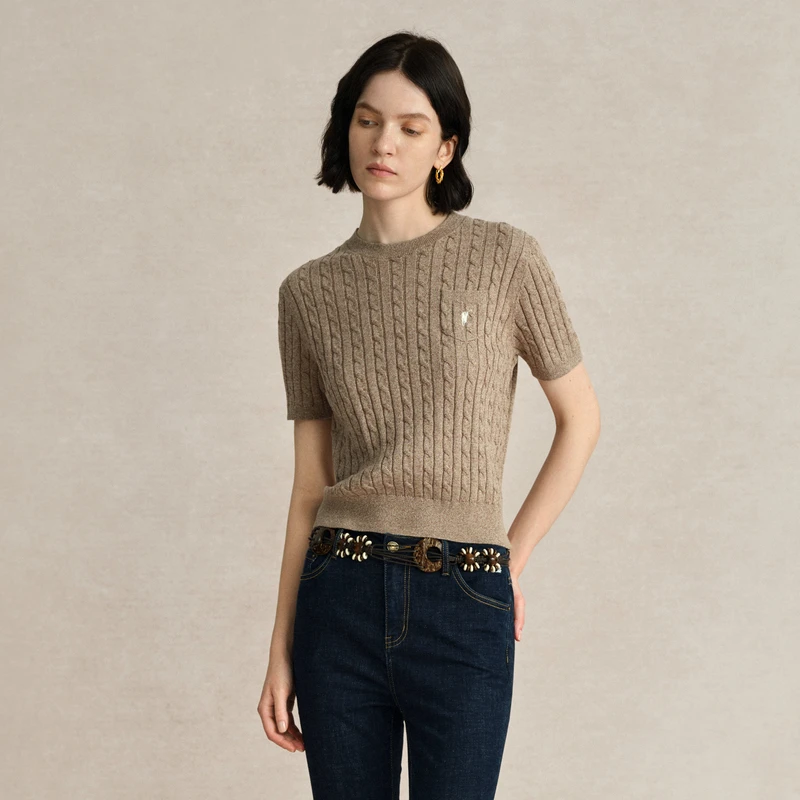 POLOWALK女装2024新品短袖圆领套头针织衫