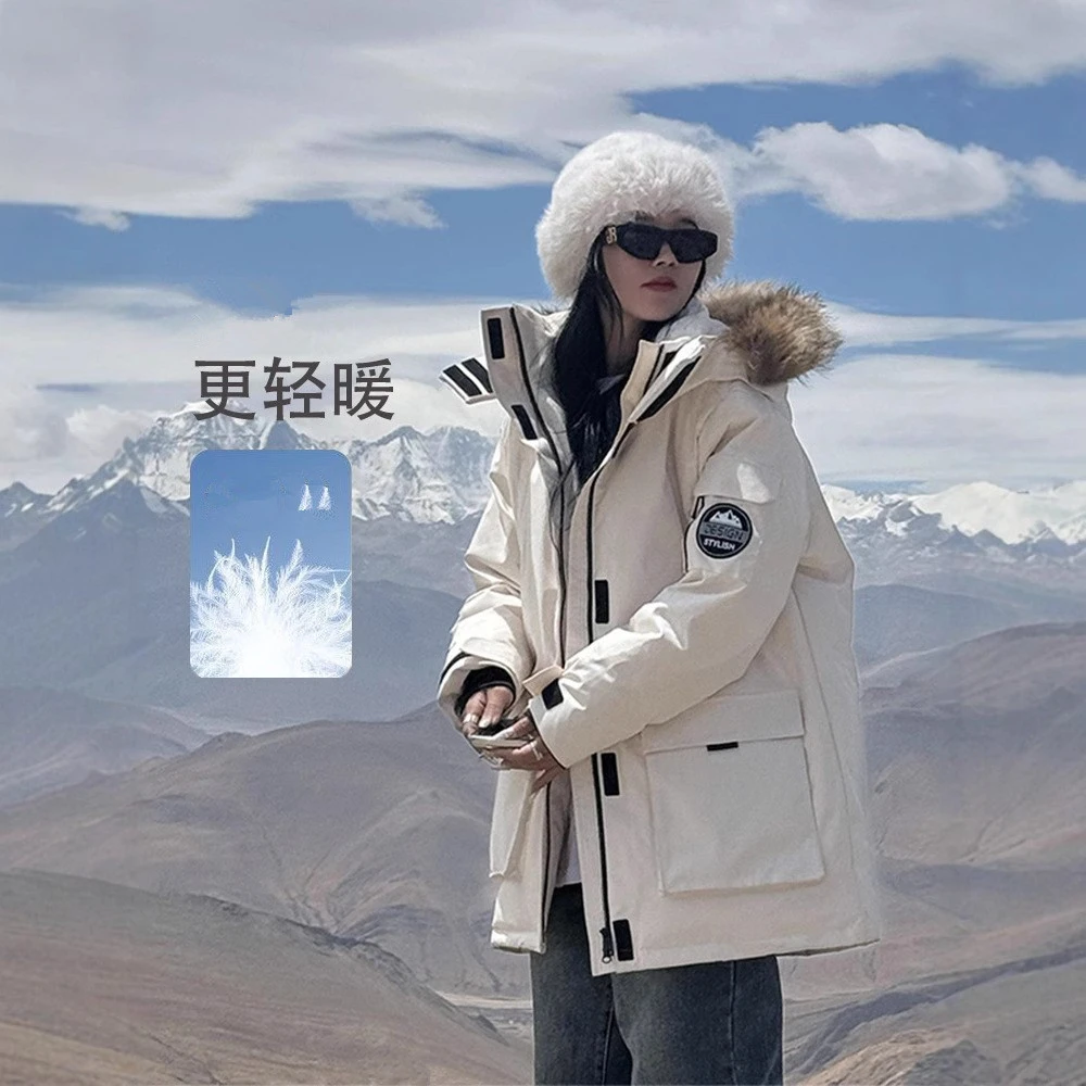 正品白鸭绒羽绒服女中长款2025冬新款派克情侣工装大毛领加厚外套