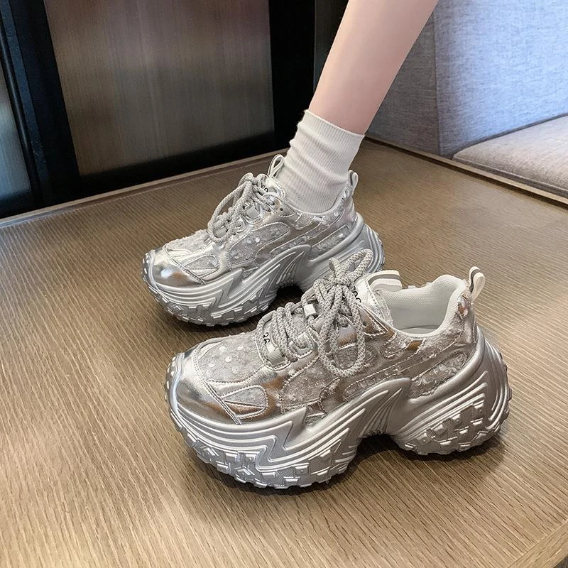 明星同款厚底增高榴莲轮胎老爹鞋女2025新款网面透气休闲运动鞋