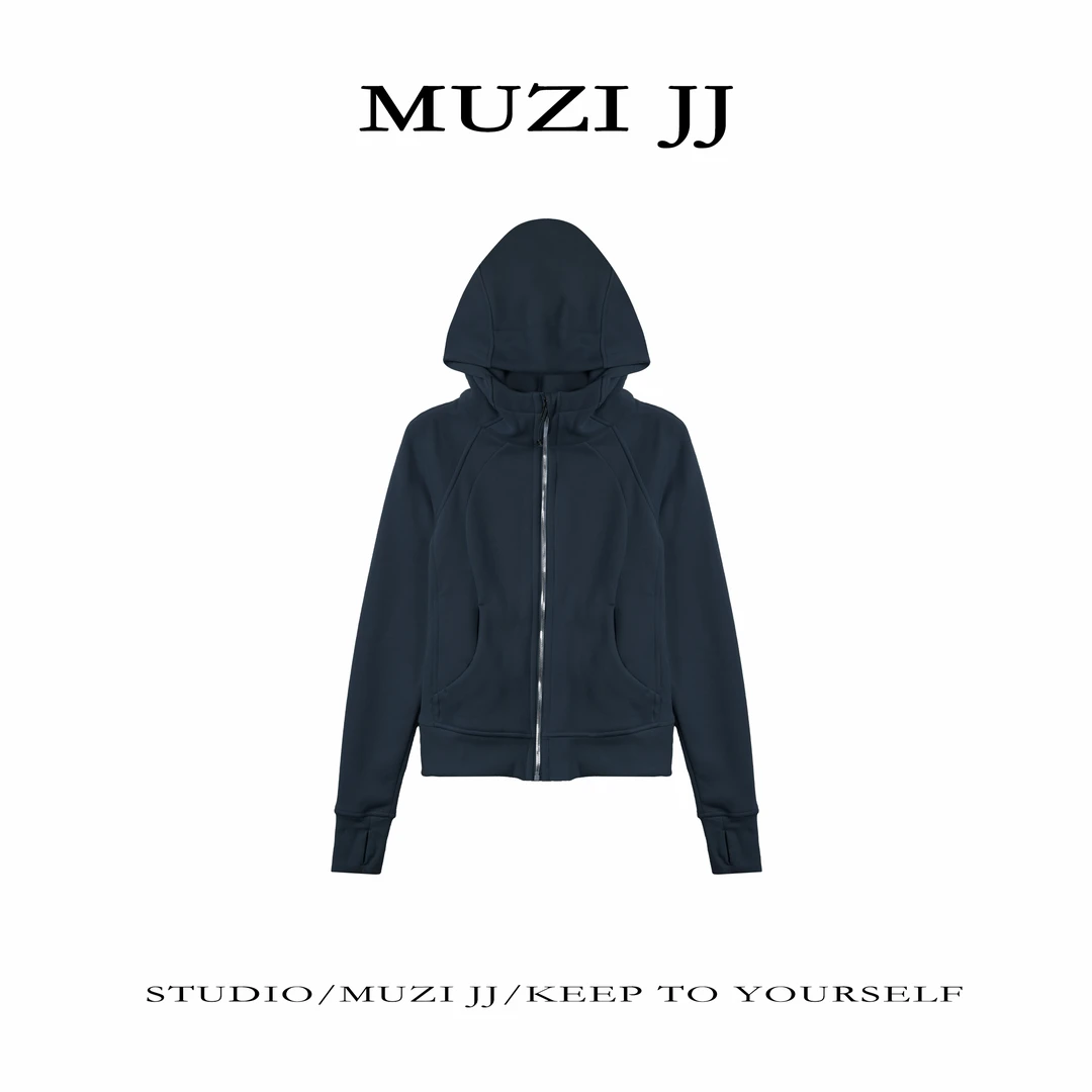 MUZI-B1246#简约净色修身百搭运动休闲高领连帽卫衣外套