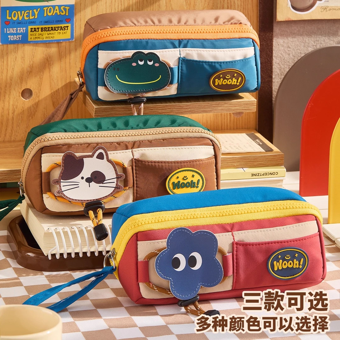 美式复古撞色笔袋魔术贴多功能新款文具盒大容量初高中生铅笔盒