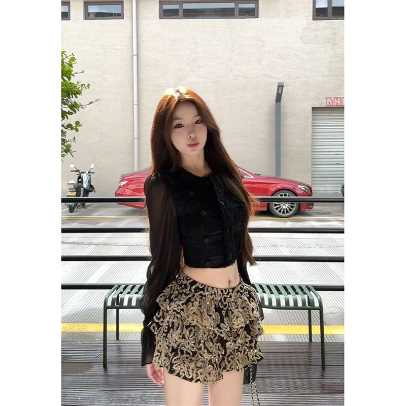 parkyeon温柔风黑色圆领网纱喇叭袖上衣女设计感提花半身裙套装