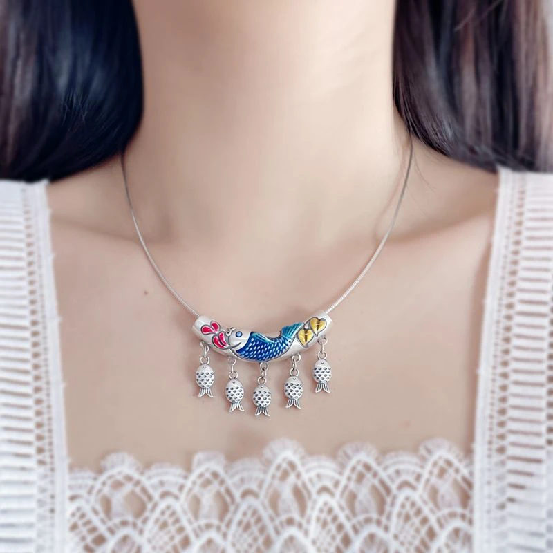 铜吊坠 中国风复古锦鲤彩色弯管项链鱼吊坠景泰蓝工艺国潮饰品