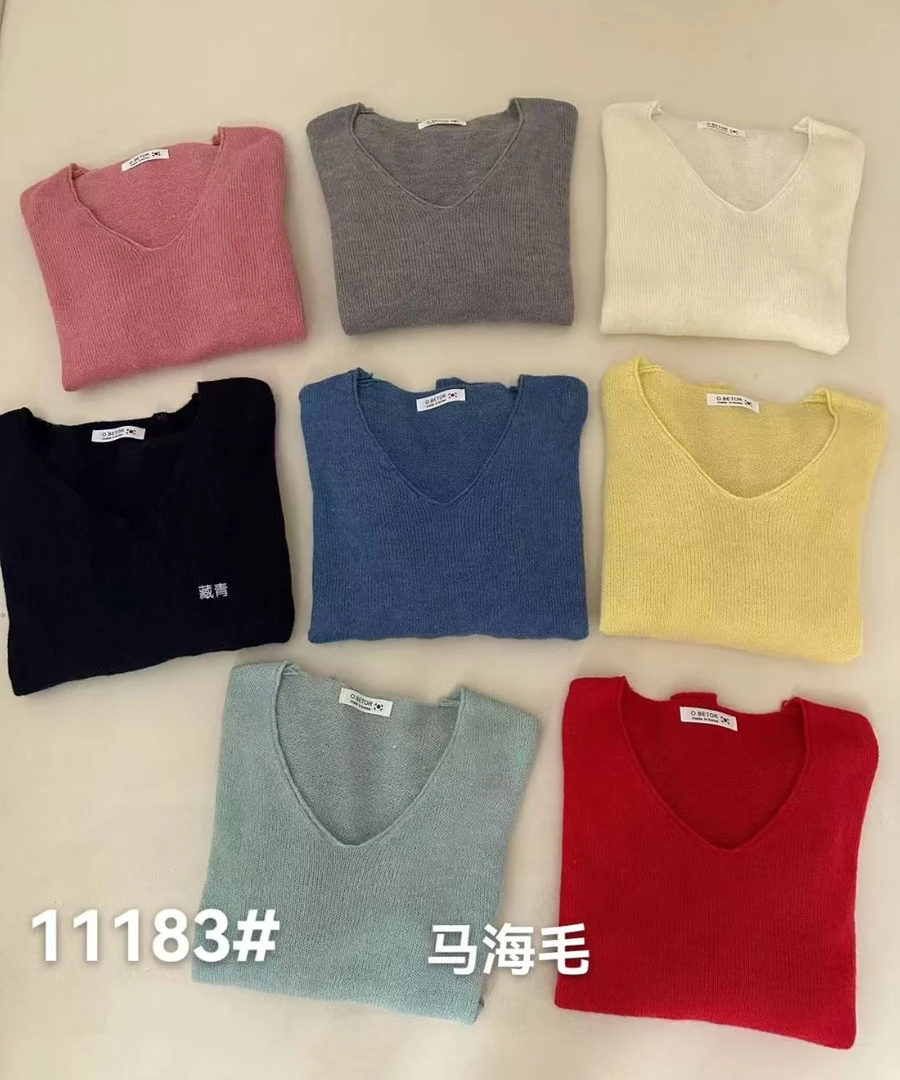 2025新款多巴胺长袖毛针织衫纯欲辣妹风打底衫极简风V领纯色~1183