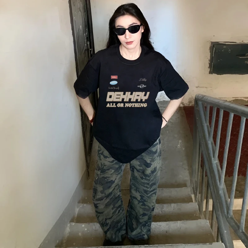 labzaa美式创意复古字母印花纯棉短袖t恤男女夏季宽松情侣款上衣