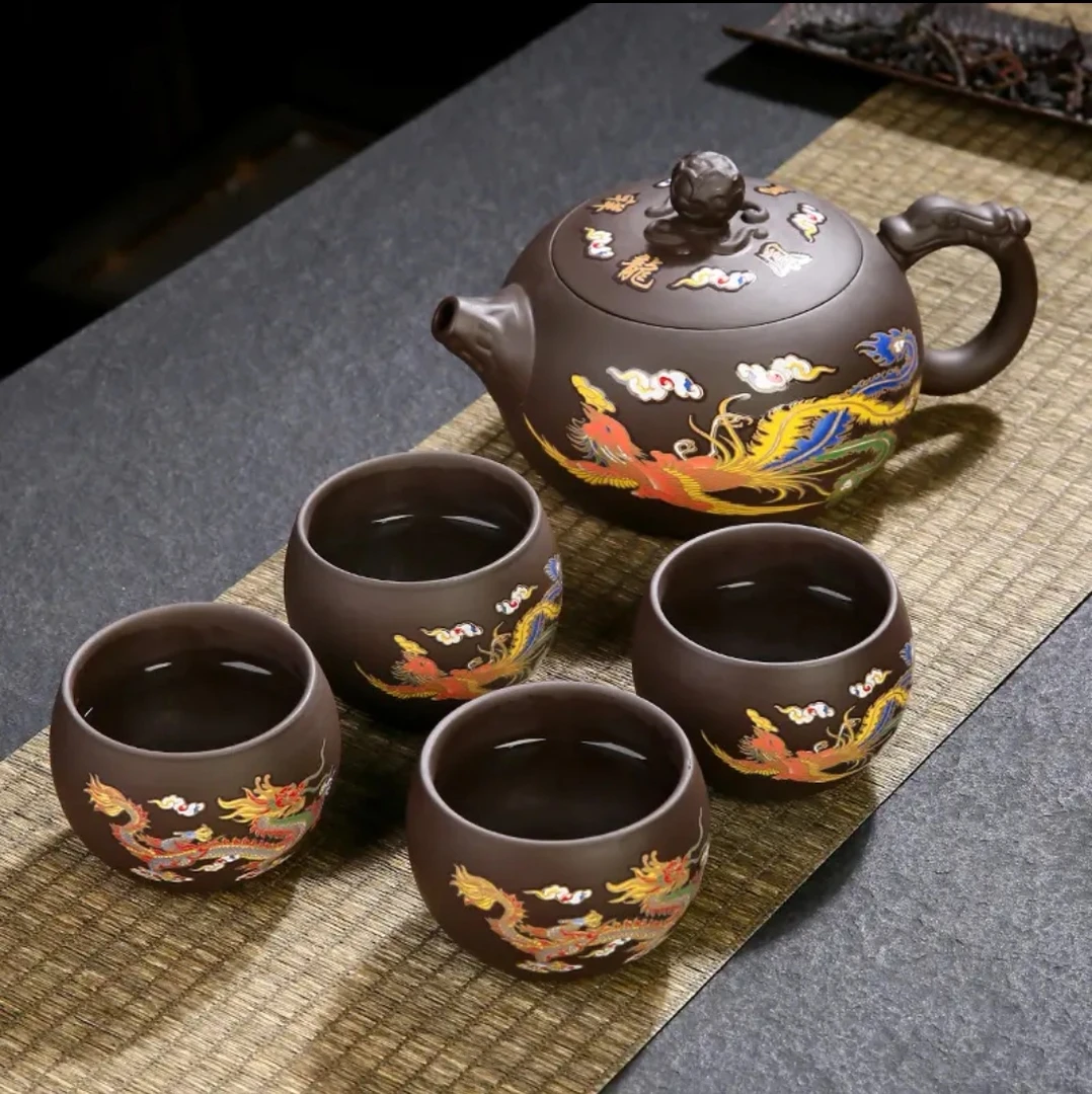 西施大容量550cc一壶四杯（变色龙蛋龙凤对杯）风鸣壶带壶绳