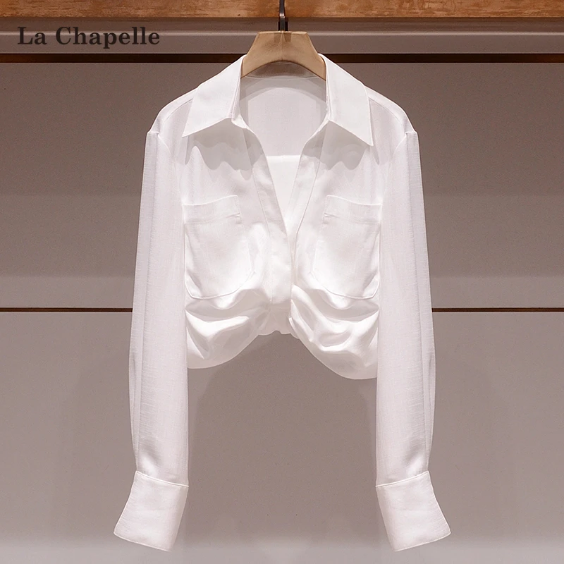 拉夏贝尔白色长袖衬衫女2025秋季设计感翻领洋气短款新款气质小衫