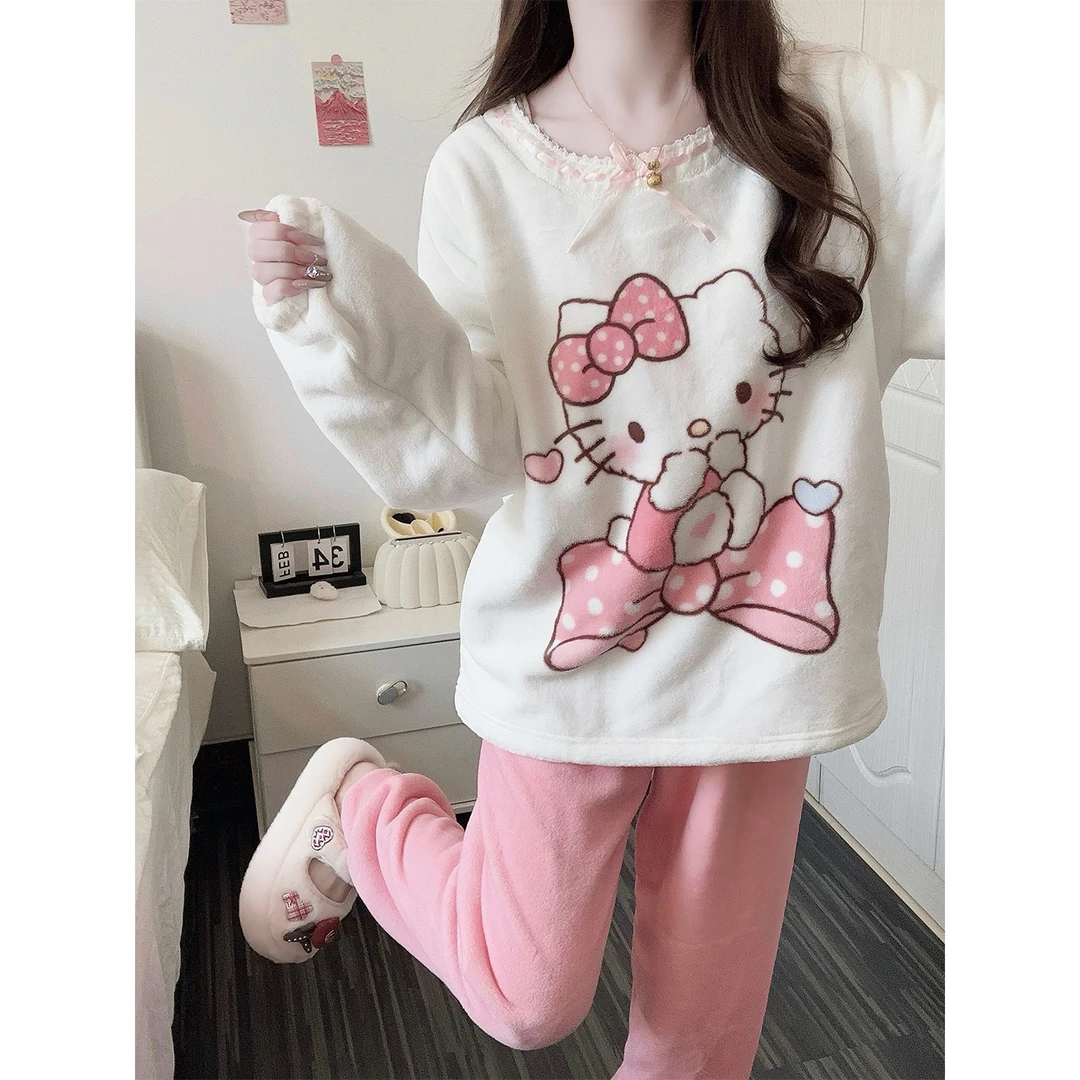 【可爱KT猫】粉色睡衣女珊瑚绒秋冬季法兰绒加厚保暖家居服套装冬天
