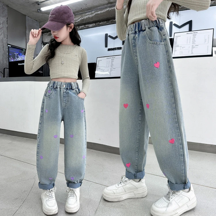 女童牛仔裤2025春季新款6-12岁中大童洋气刺绣休闲时髦宽松老爹裤