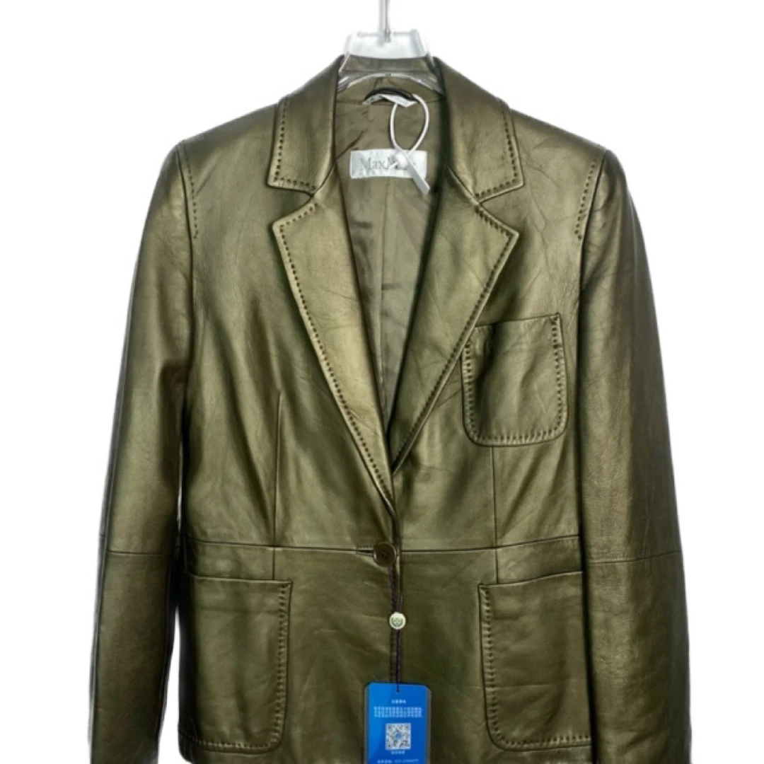99新 MaxMara A级 002805 翻领西装款皮衣外套 复古绿 38码