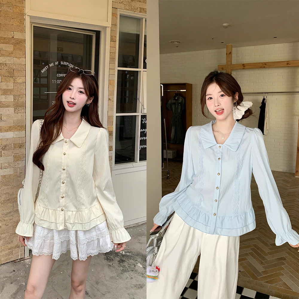2025秋季新款胖mm大码法式娃娃领长袖衬衫减龄荷叶边别致小衫小众