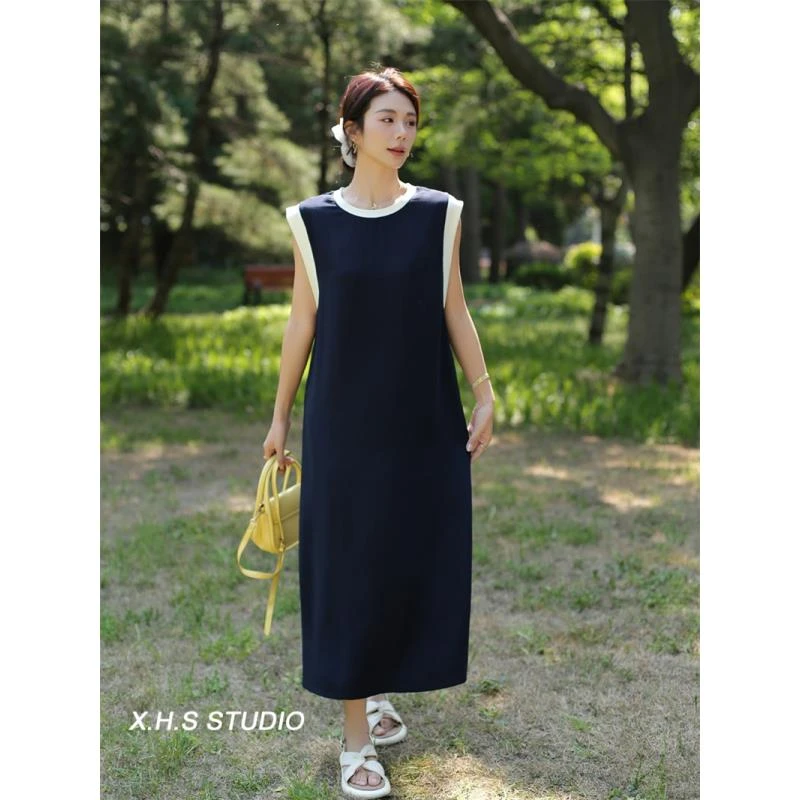 「慵懒条纹纯色」2025初夏新款女拼接撞色休闲连衣裙GG-A2486
