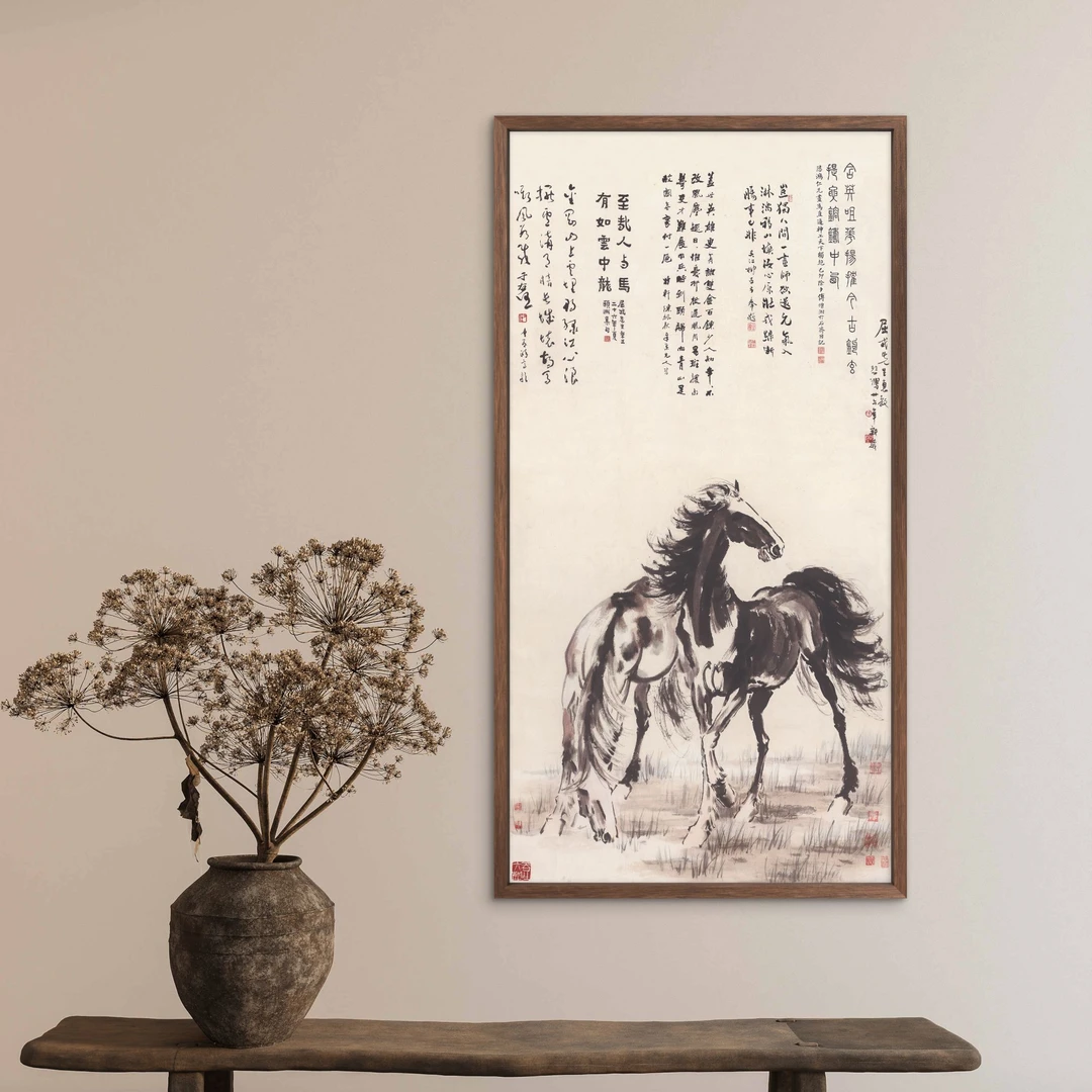 9658-35*68双骏图中式装饰画木框玄关书房茶室客厅挂画