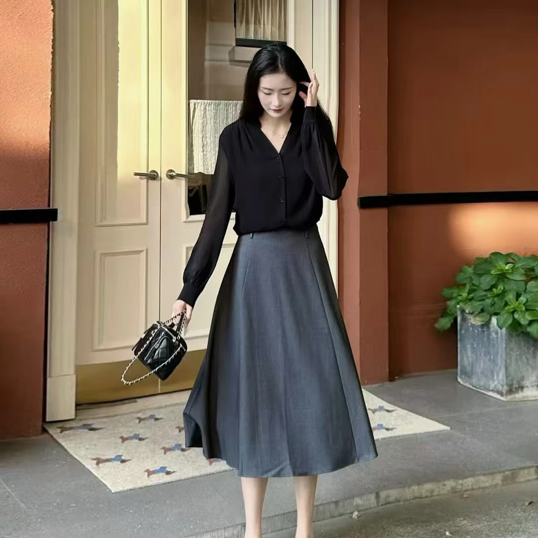 火桐hooton 清冷高智 绵羊毛天丝A字鱼尾半裙9829