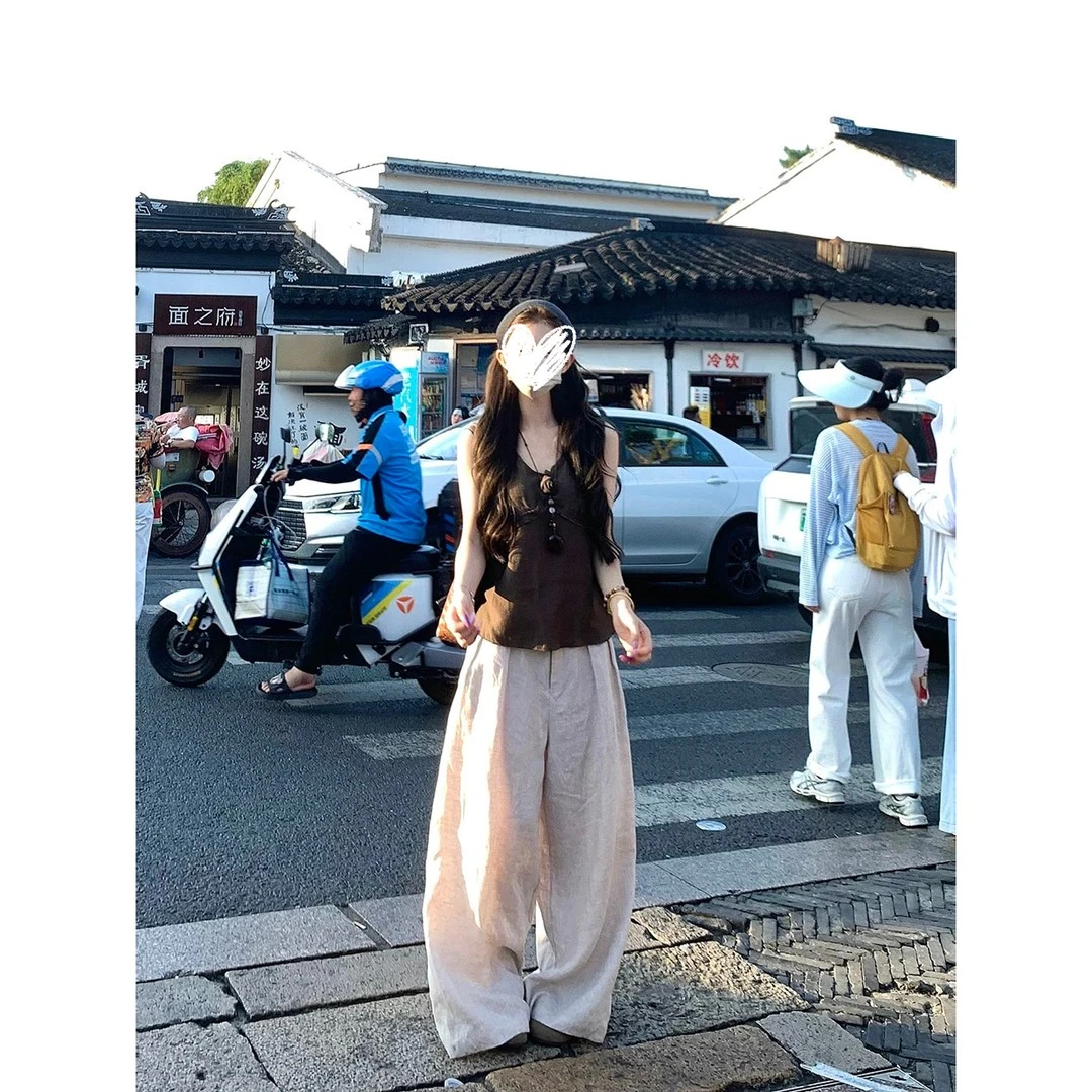 天丝亚麻花朵背心夏日女上衣+慵懒感弯刀阔腿裤两件套 21837#