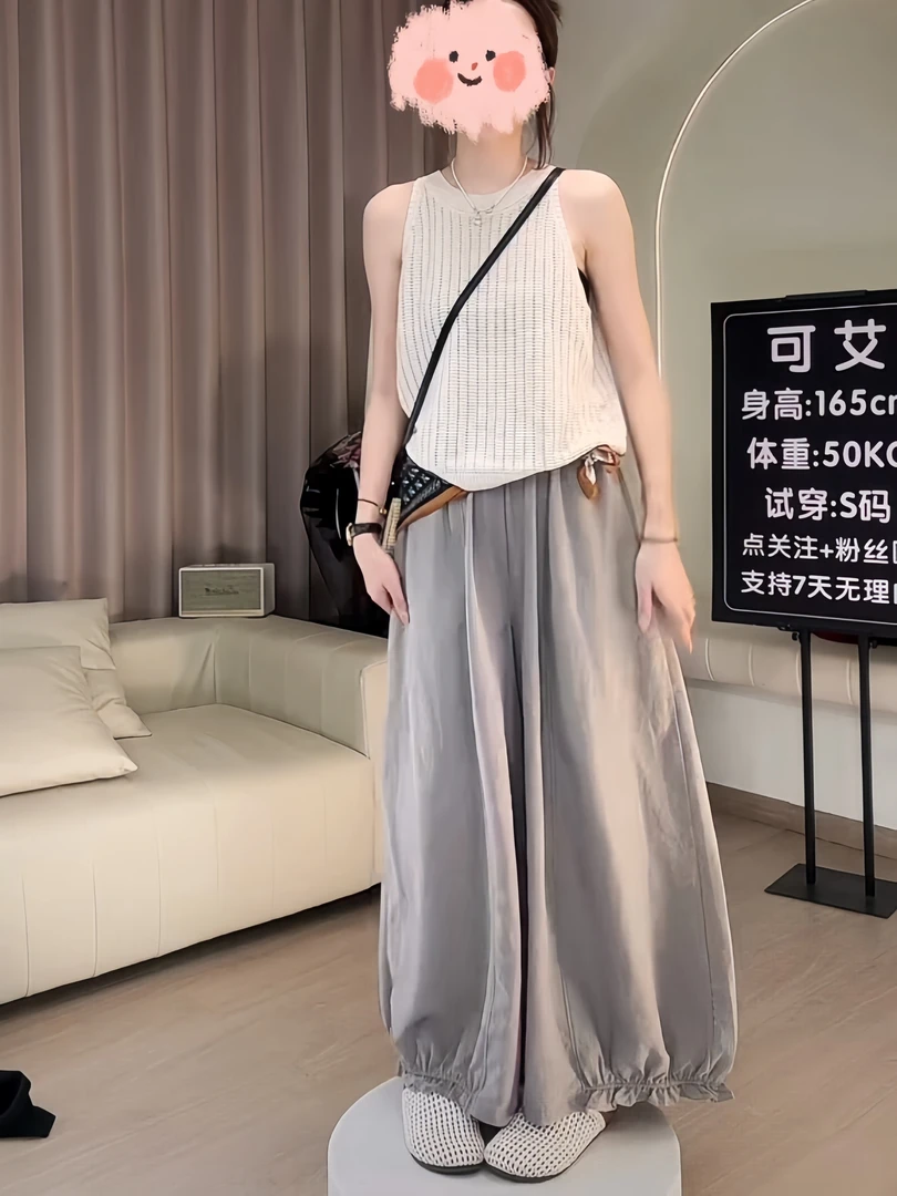 夏装透气阔腿裤运动纯色休闲风拼接休闲裤夏季时尚针织上衣套装