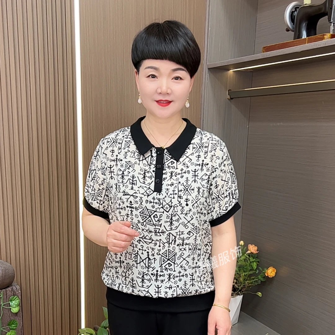 时尚薄款休闲风翻领中老年女装妈妈装减龄小衫夏装中年女装F8858