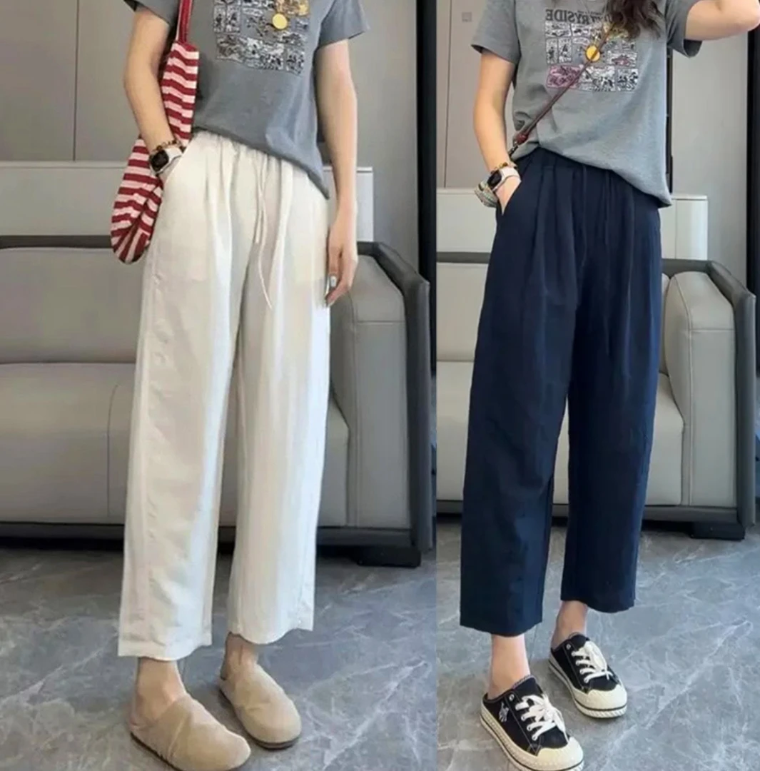 【现货速发】岚缈莱赛冰凉丝八分夏季宽松直筒休闲阔腿裤