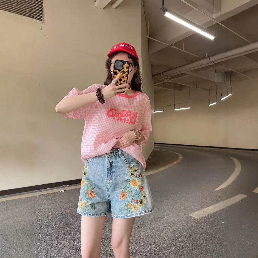 现货【粉色格子T恤】2025夏新品短袖桑蚕丝棉上衣女