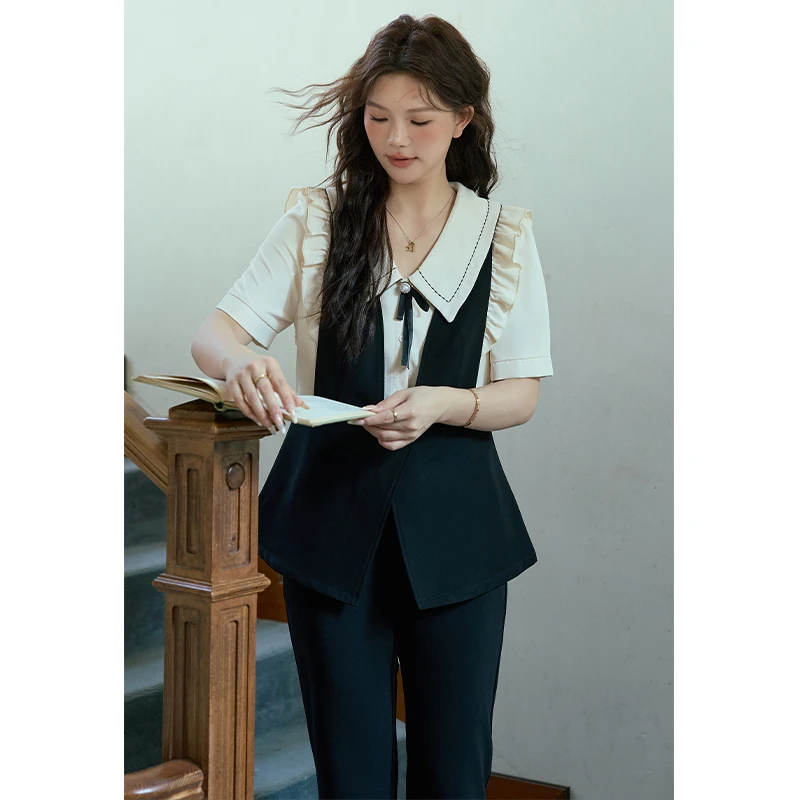 周周-五季家减龄大码女装夏季气质假两件上衣黑色裤子两件套马甲