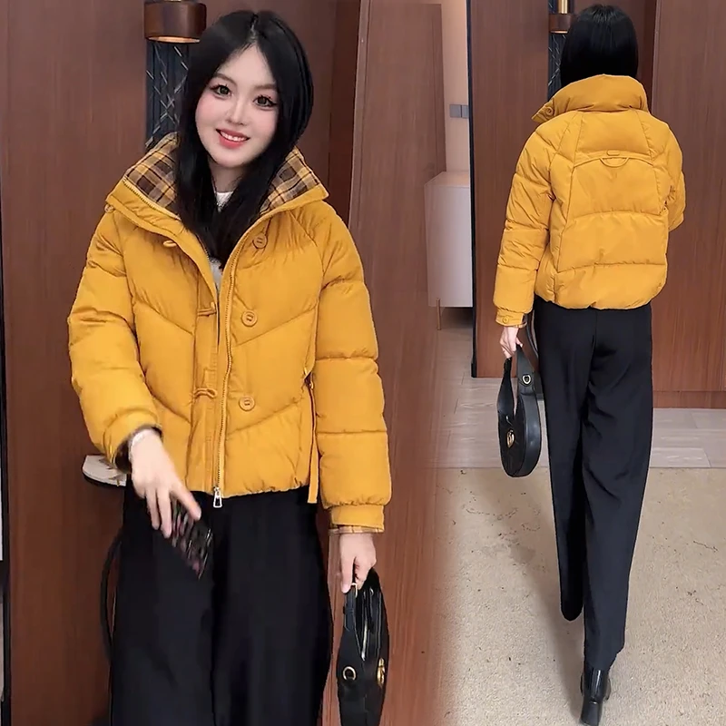 时尚立领短款百搭棉服女冬季新款宽松显瘦加厚保暖格子拼接棉衣潮