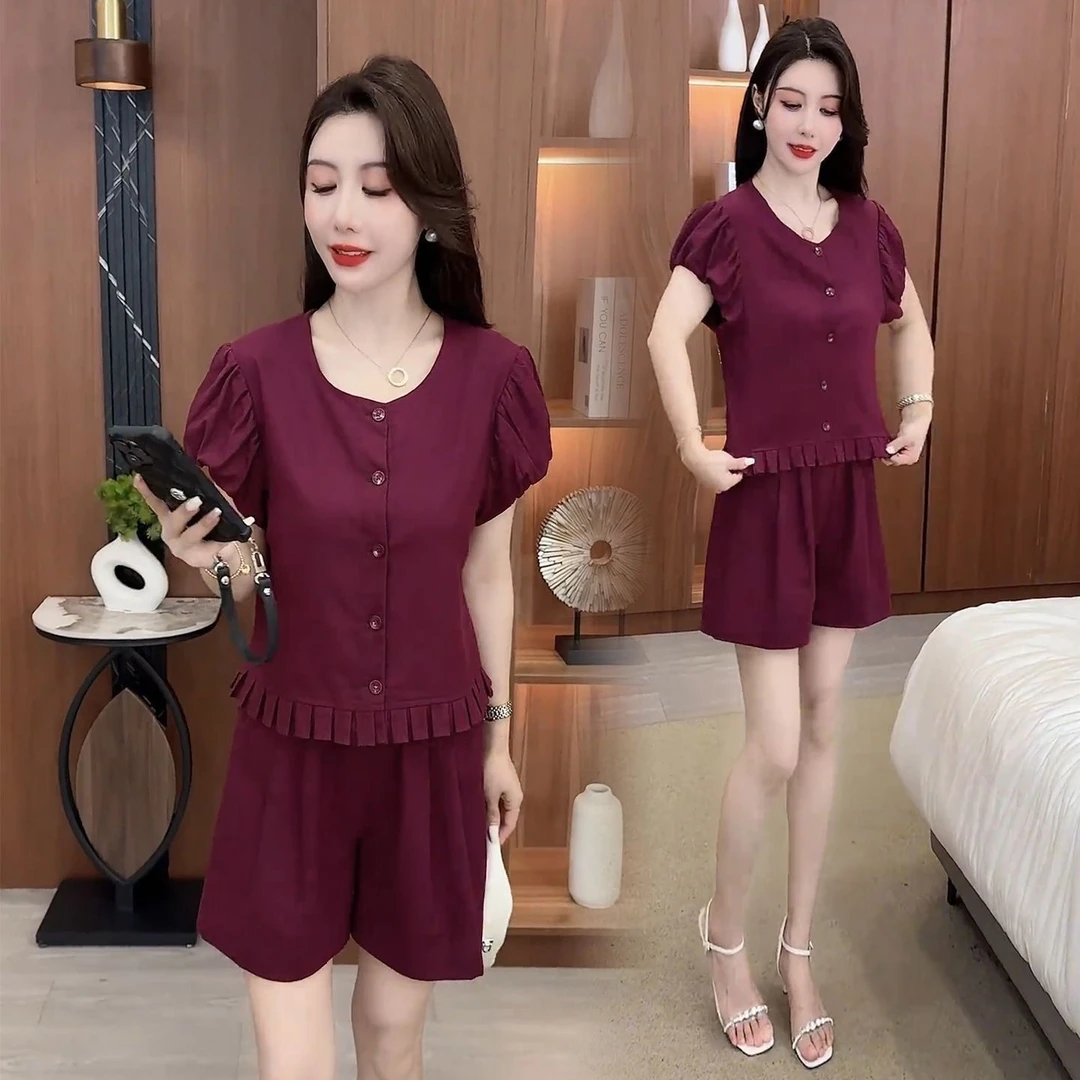 时尚减龄套装女2025夏季新款韩版显瘦遮肉木耳边休闲运动服两件套