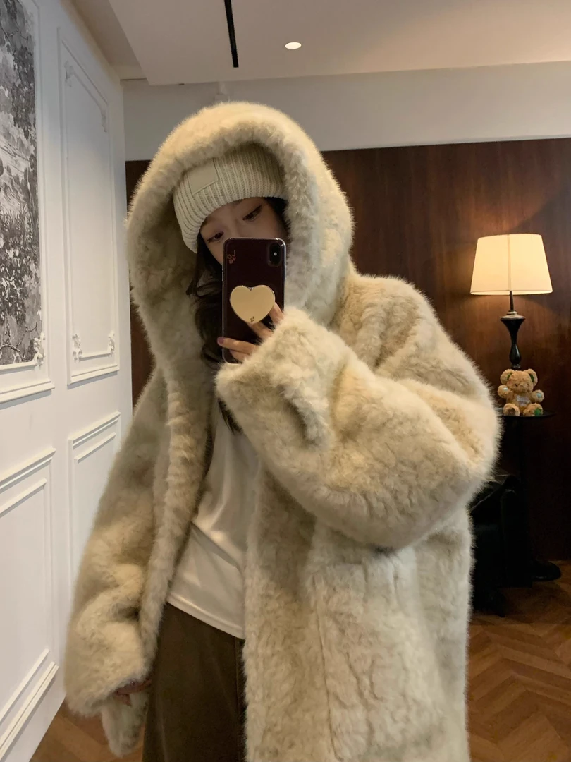 人造皮草 连帽中长款毛绒连帽宽松加厚大衣