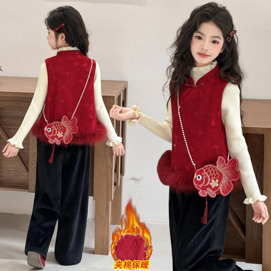 女童新中式拜年服套装冬装儿童汉服保暖红色马甲女孩国风新年穿搭