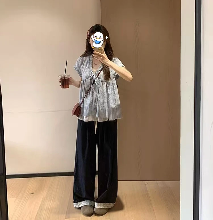 大码韩系假两件V领衬衫短袖上衣2953#长裤2952#两件套