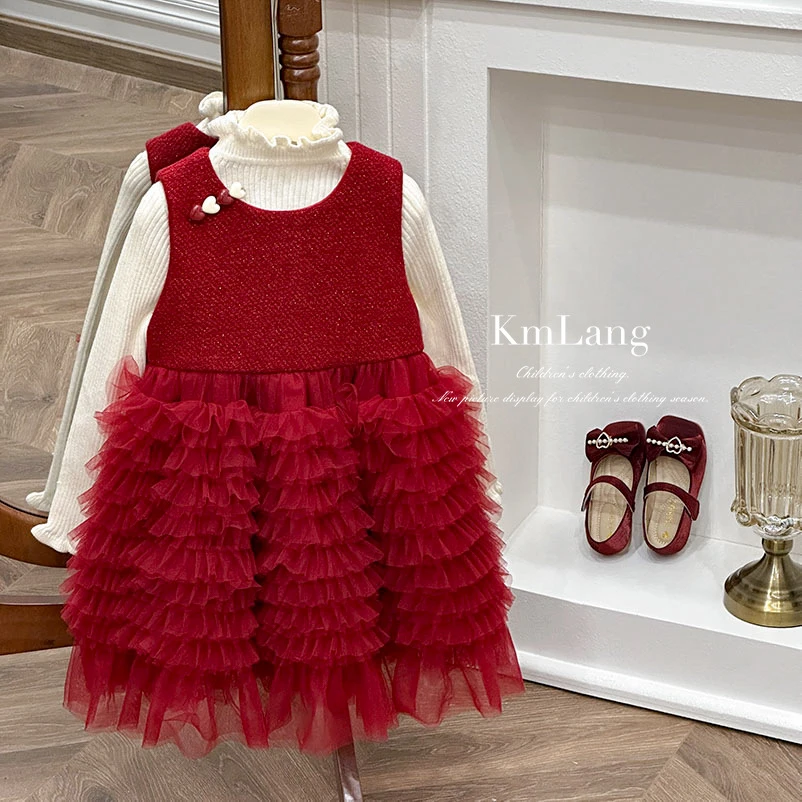 女童连衣裙2025秋冬新款时尚重工蓬蓬裙红色公主裙加绒背心裙礼服