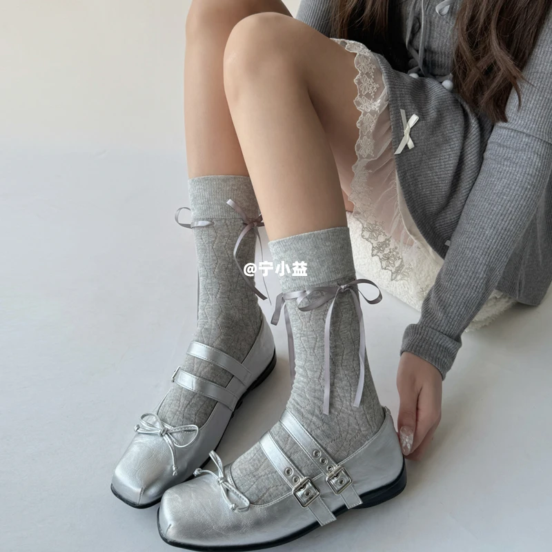 宁小益芭蕾风灰色袜子女春夏薄款侧边系带镂空棉袜丝带中筒堆堆袜