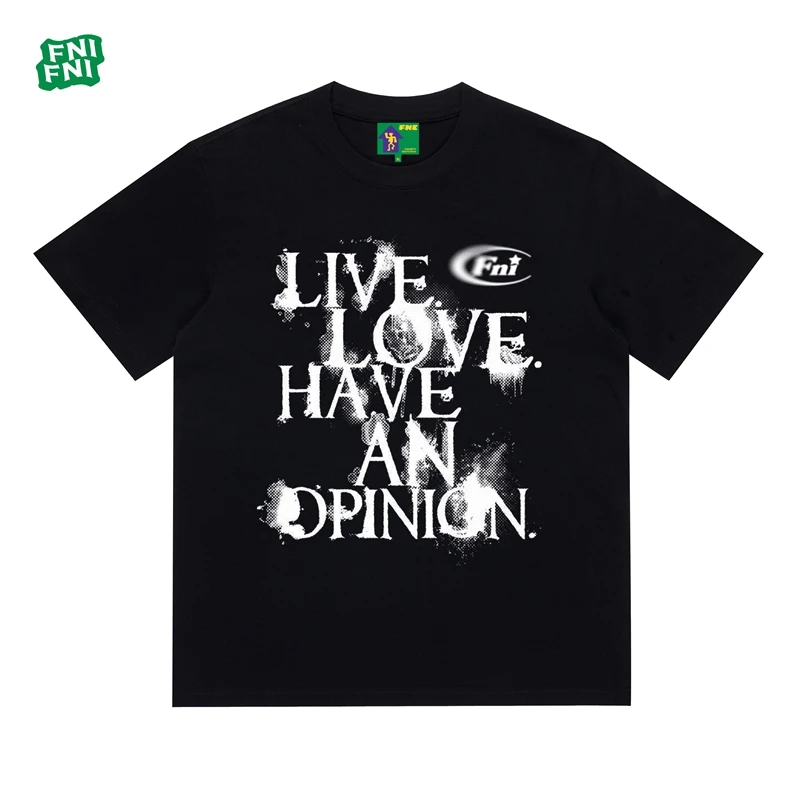 FNI国潮重磅纯棉（爱有想法标语）男女同款t恤美式复古短袖新款白墨