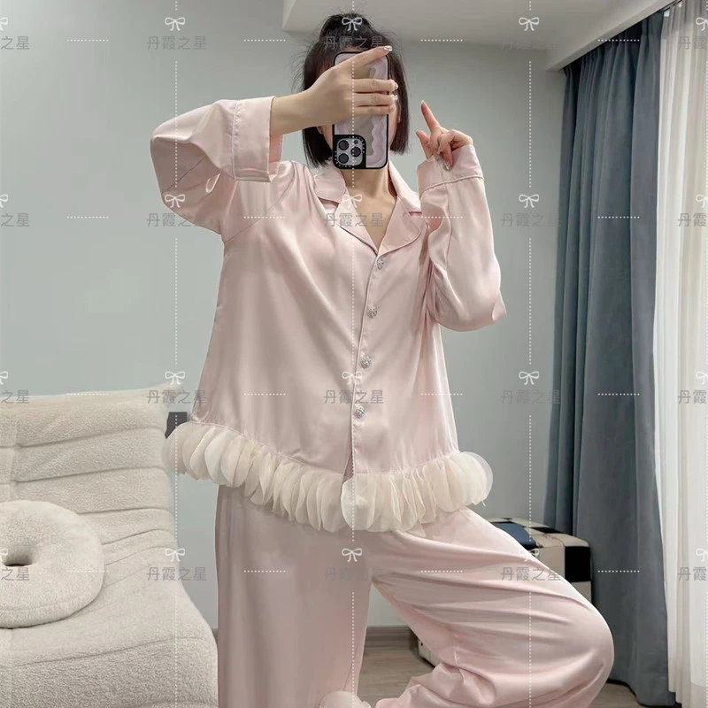 睡衣冰丝稠粉色女士睡衣宽松新款洋气时尚长袖夏季可外穿家居服