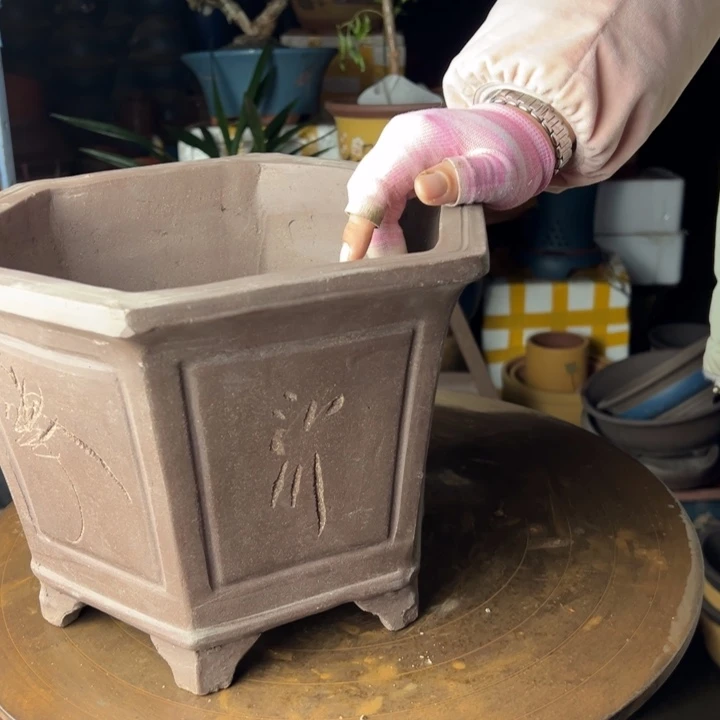 紫砂宜兴紫砂花盆刻绘六方25