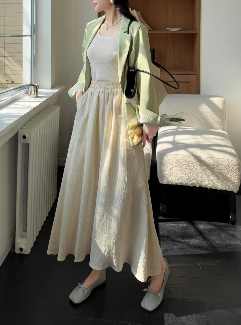 简约白色黑色森系气质百搭棉麻双层春夏季半身裙8158-2 裙长85