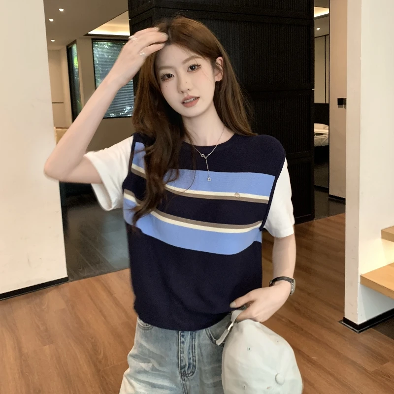 网红洋气减龄条纹圆领短袖针织衫上衣夏季新款时尚假两件T恤女装