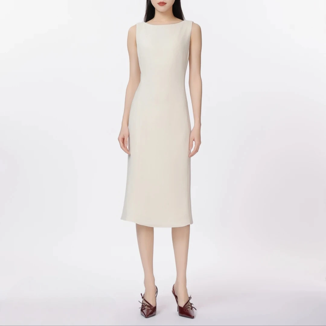 GIRDEAR/哥弟【月下白茶花】优雅一字领无袖气质鱼尾连衣裙1500486