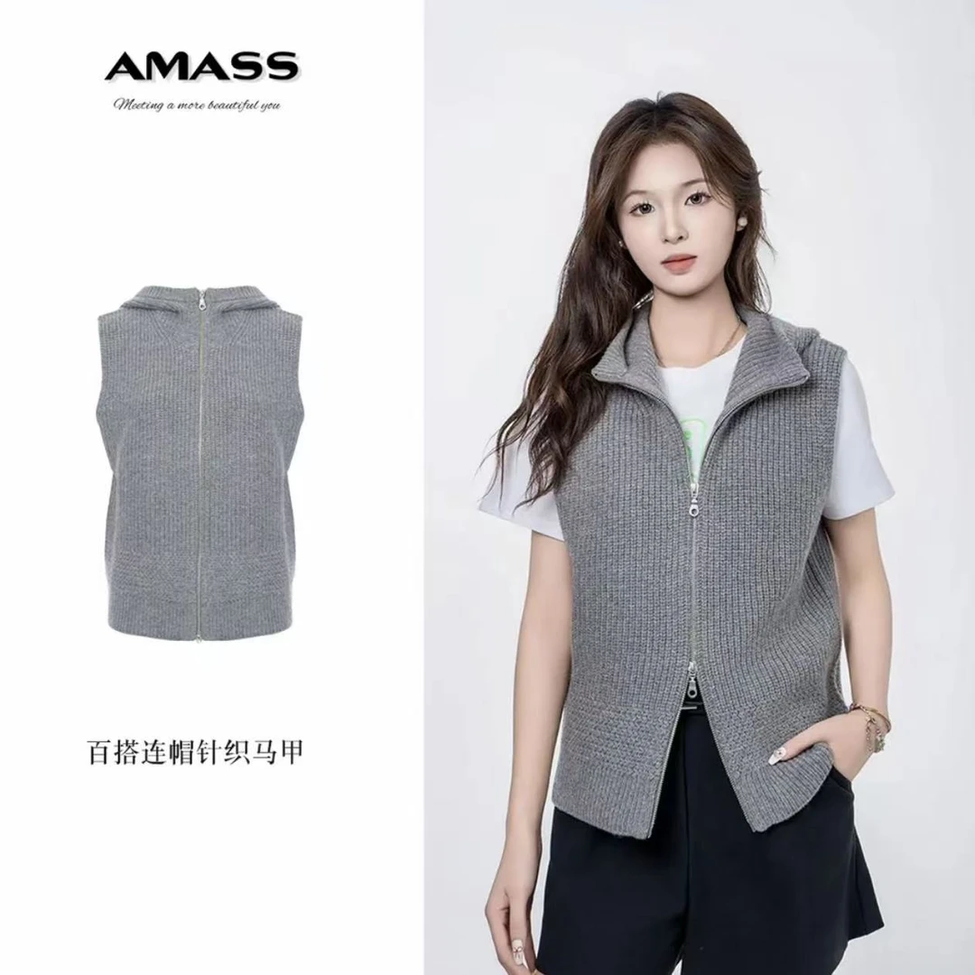 AMASS阿玛施秋冬新款高档羊毛宽松显瘦无袖连帽针织马甲5499273