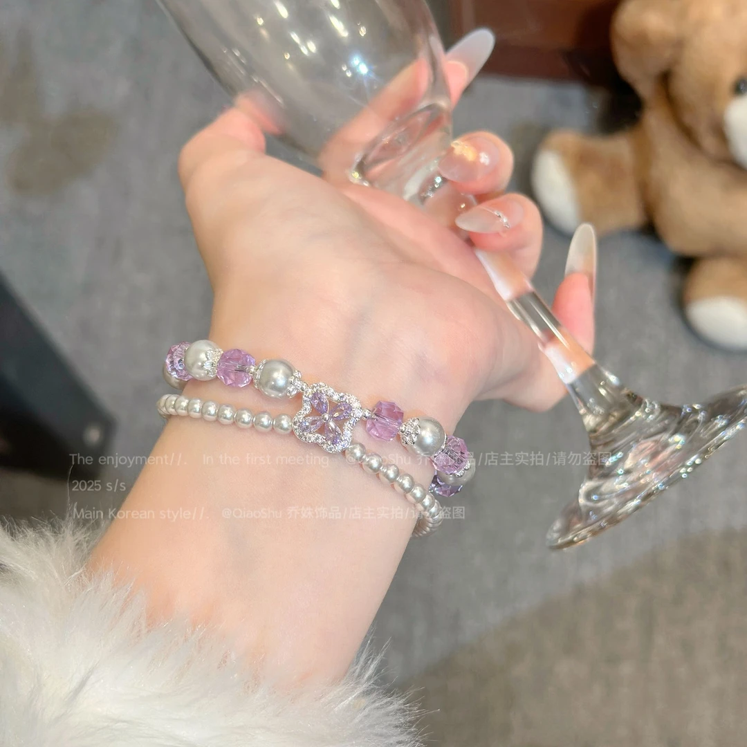 铜合金仿珍珠手链 B147轻奢双层紫花朵珠珠叠戴手链女高级气质