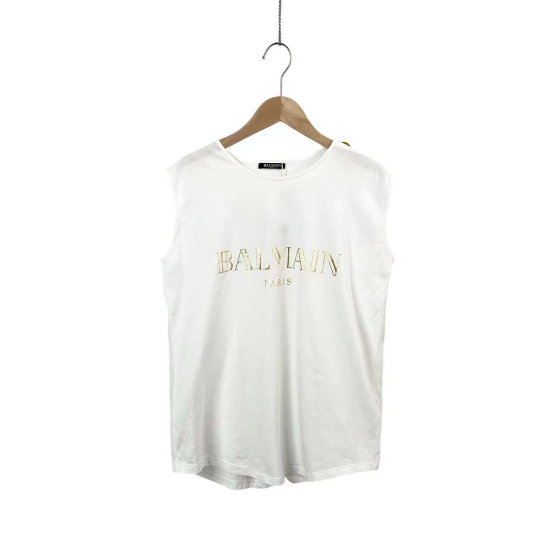 99新 BALMAIN/巴尔曼   qq零一二五 棉金扣logo字母无袖T恤 36码
