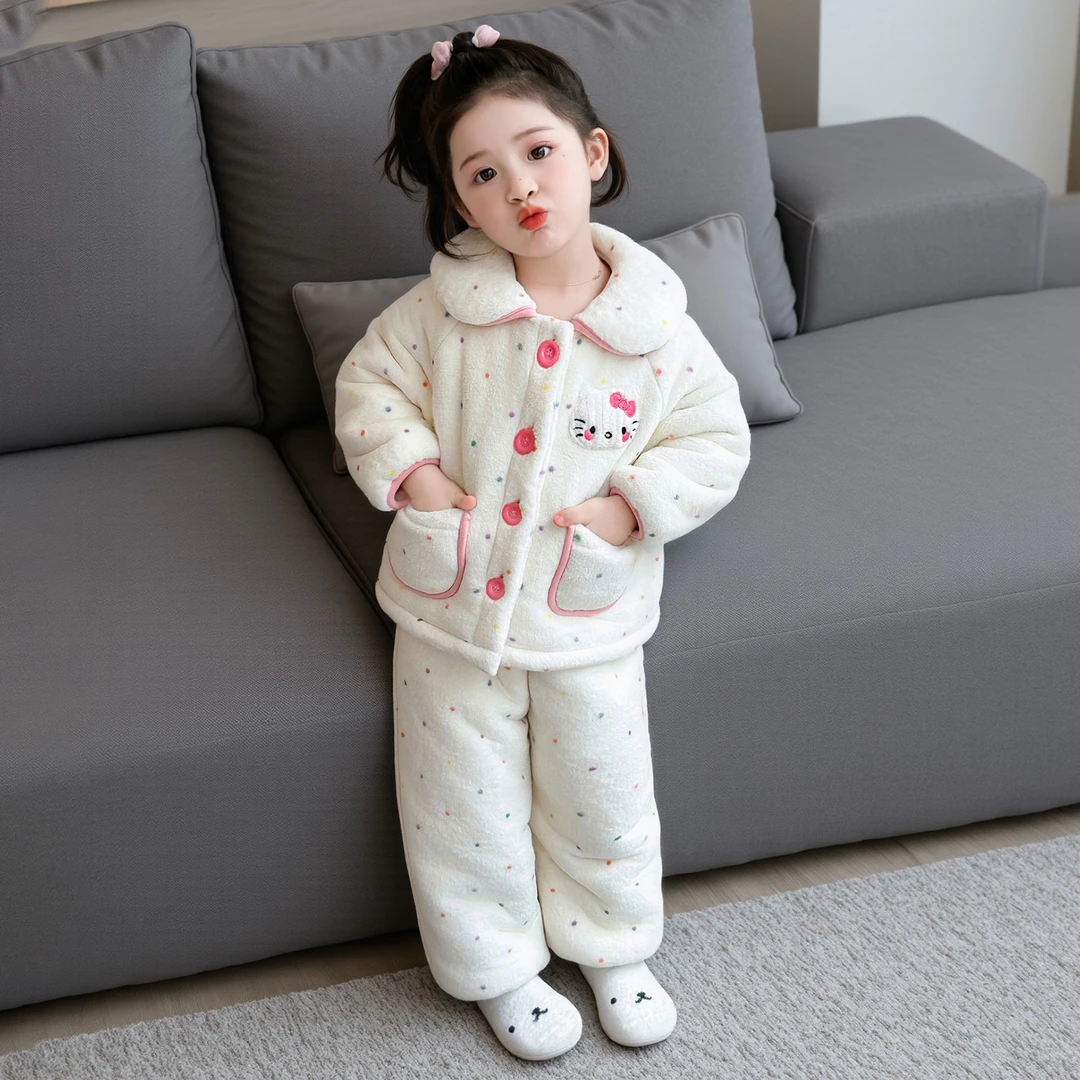 女童法兰绒儿童睡衣套装三层夹棉加绒加厚宝宝1-5岁卡通冬款外穿