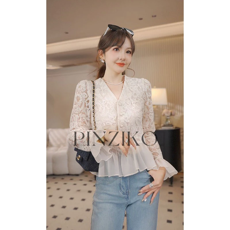【PINZIKO】灿星锦衣~重工亮片蕾丝衬衫女设计感修身显瘦上衣TJF078